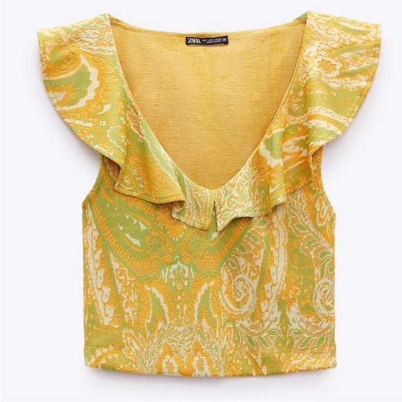 NWT ZARA PAISLEY PRINT RUFFLE TOP BLOUSE YELLOW GREEN - Picture 1 of 2